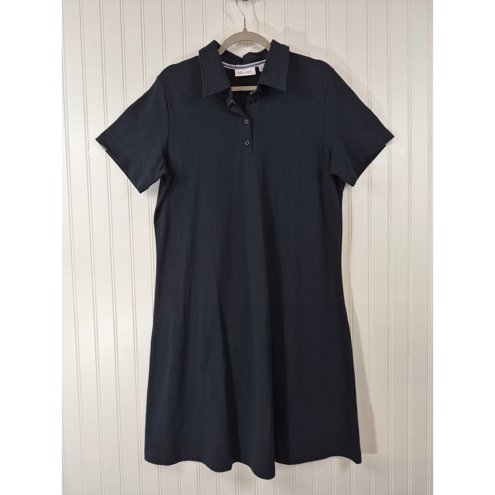 NEW Denim & Co. Navy Pique Knit Polo Dress Large Short Sleeve A-Line Preppy